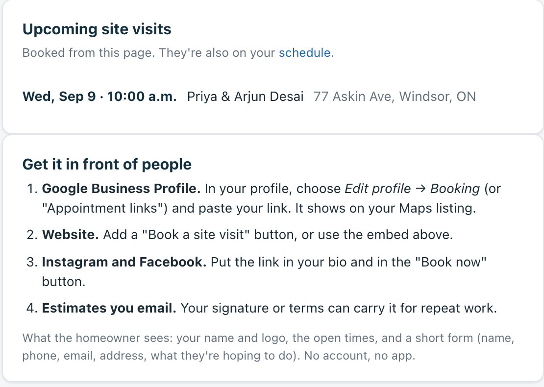 The Booking page's Get it in front of people panel: Google Business Profile, website, Instagram and Facebook, and estimates you email, with the upcoming site visits above it