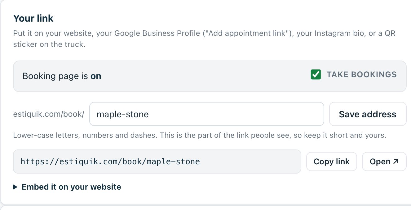 The Estiquik Booking page: the link estiquik.com/book/maple-stone with Copy link and Open buttons, and the Take bookings switch turned on