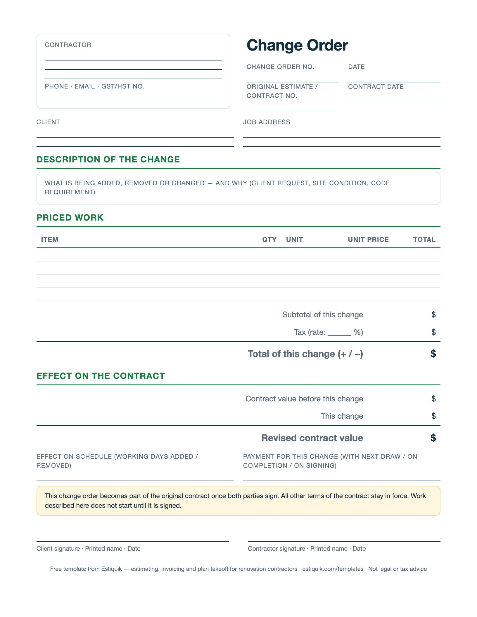 Preview of the free change order template