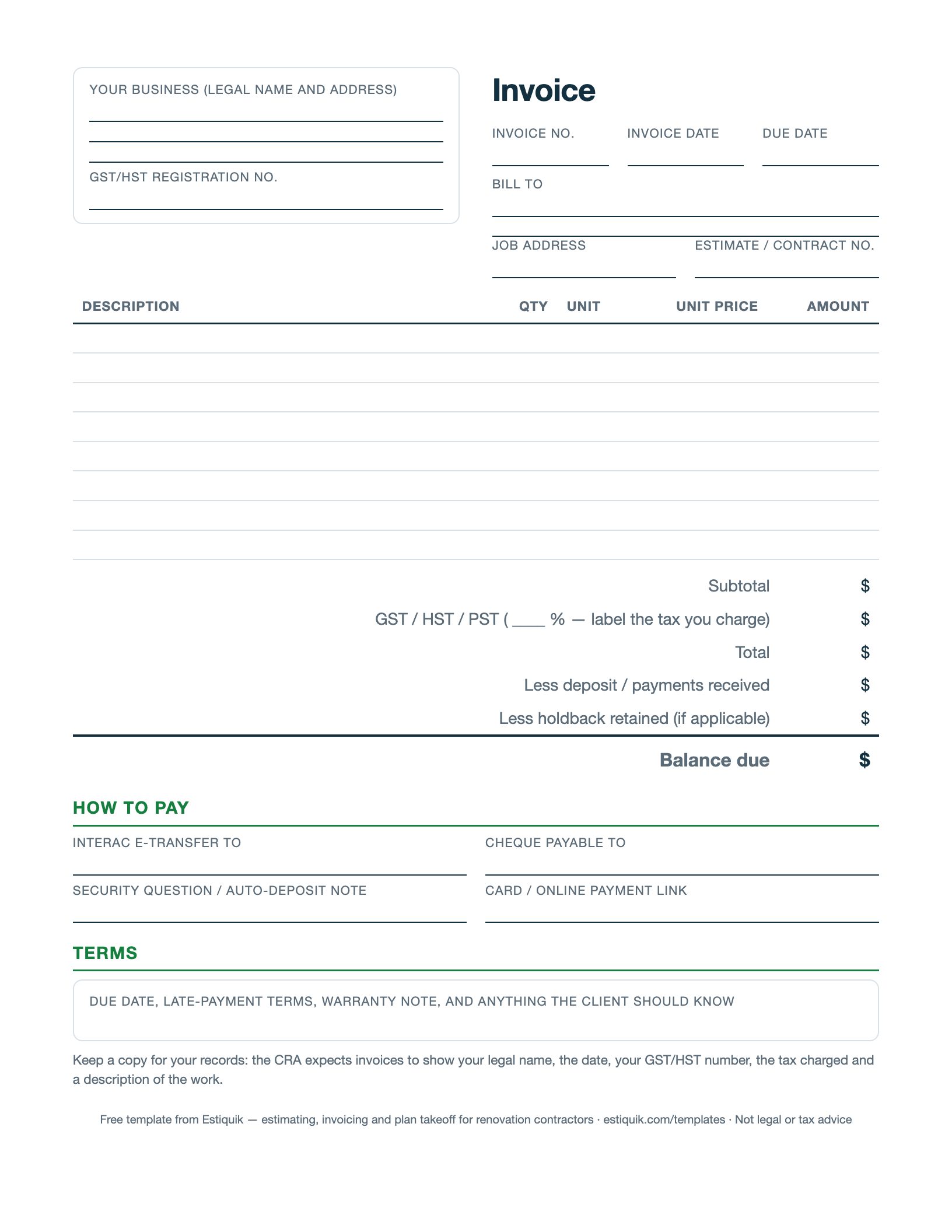 Preview of the free contractor invoice template