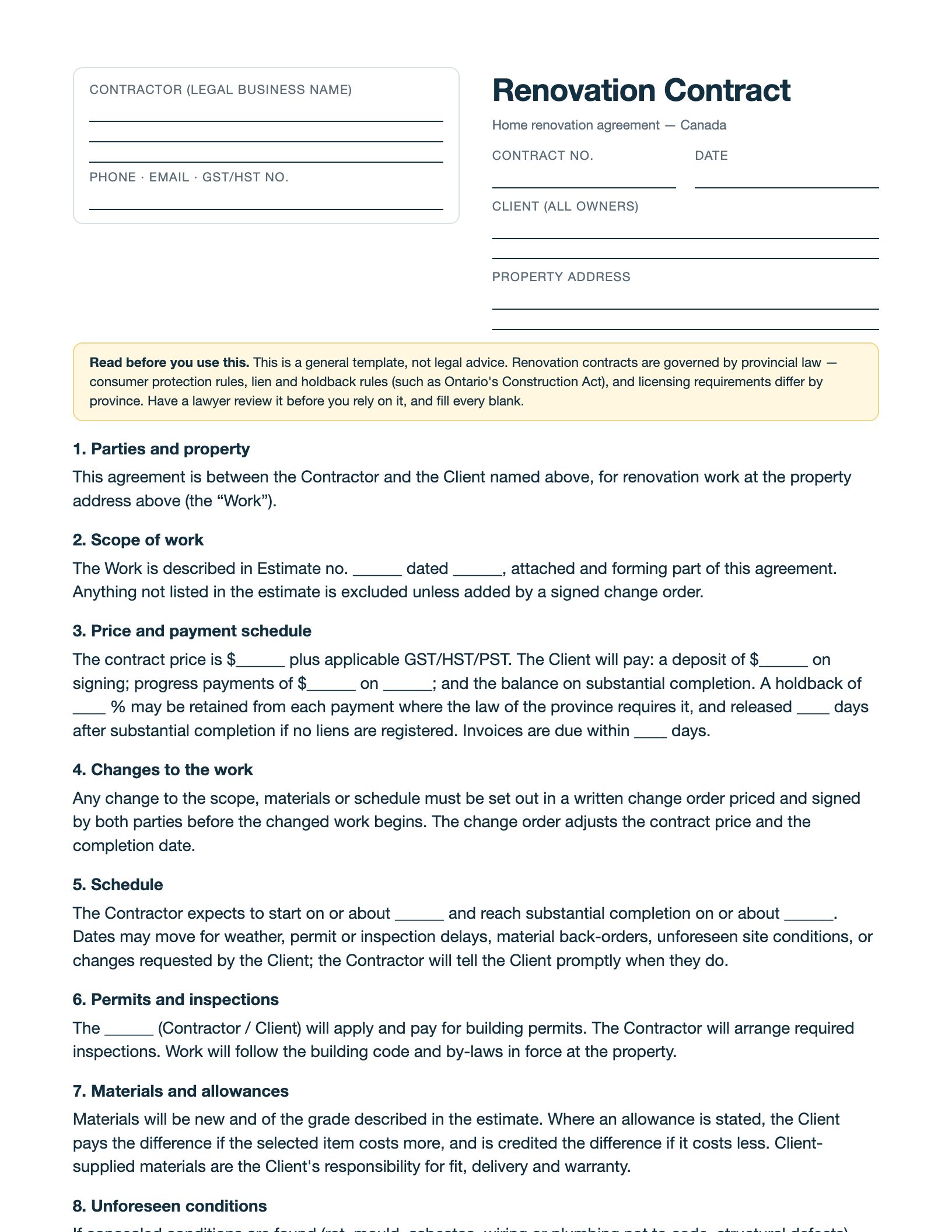 Preview of the free home renovation contract template