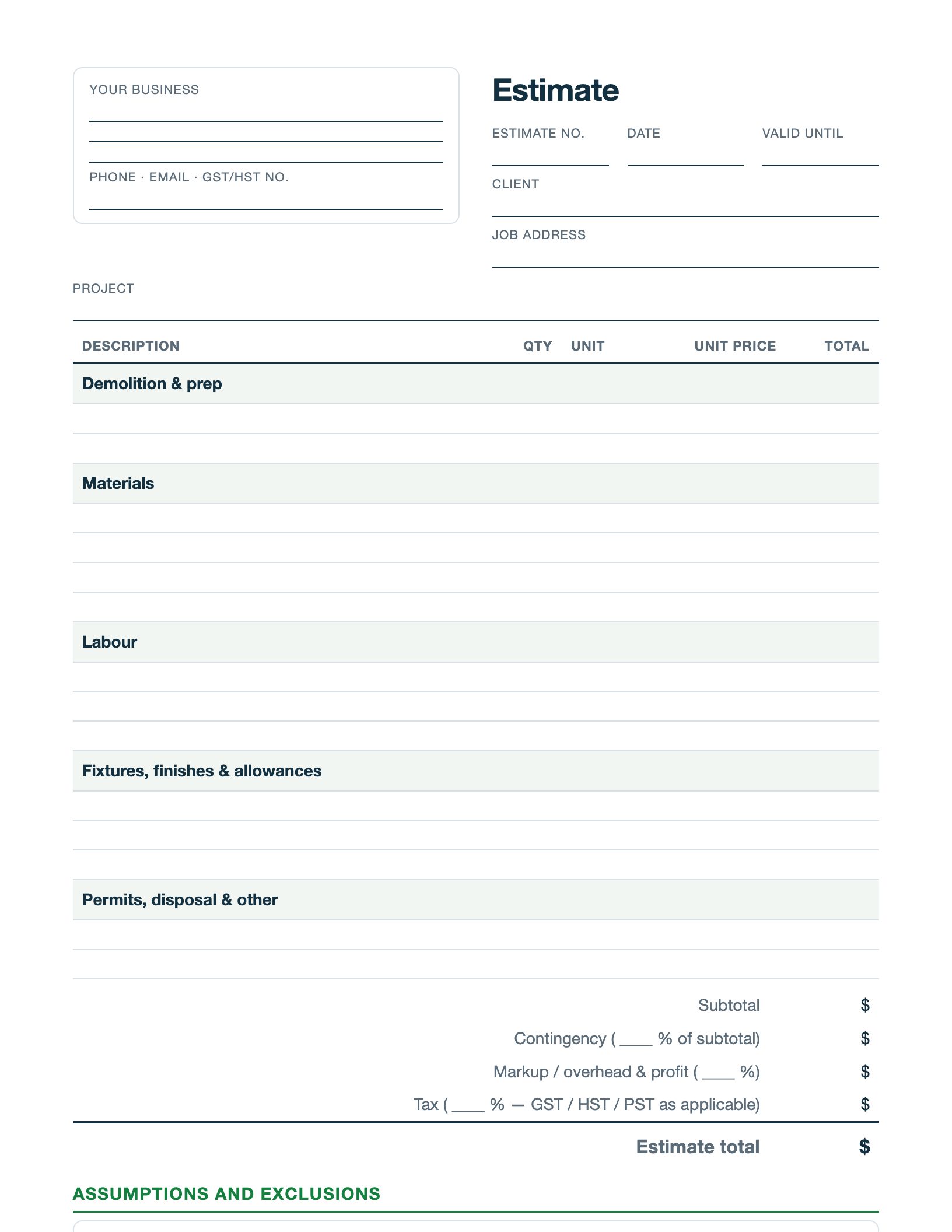 Preview of the free renovation estimate template