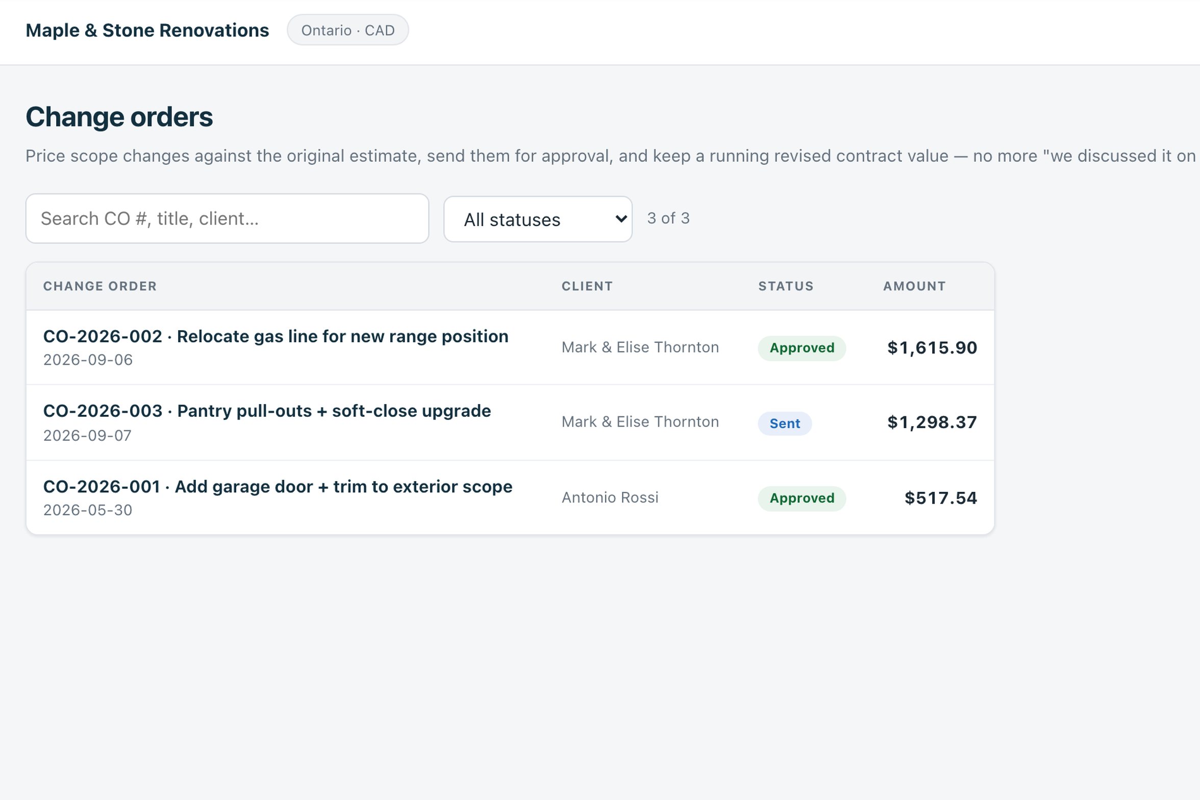 The Estiquik change orders list showing three numbered change orders with their client, status and amount — two approved, one sent