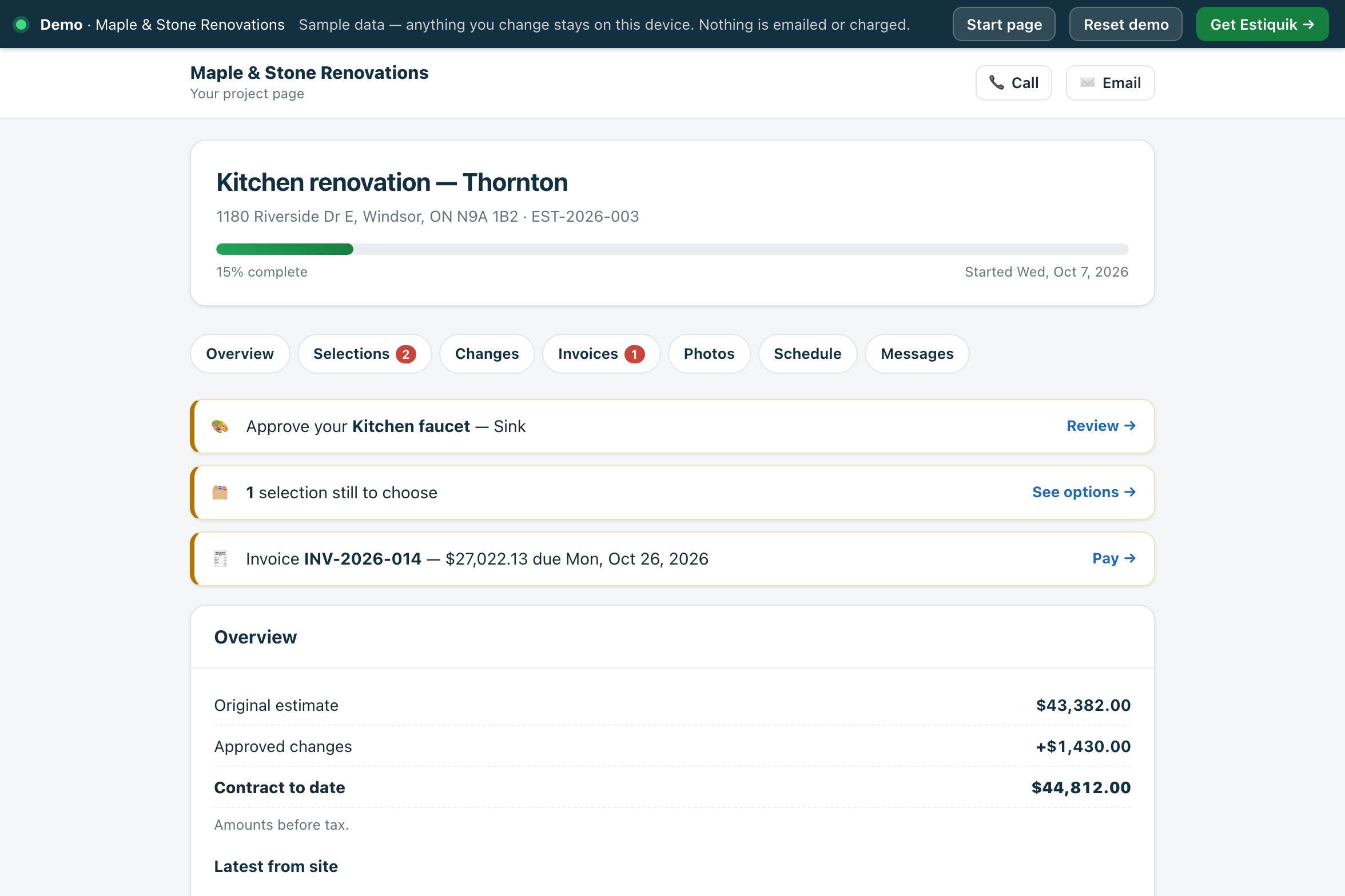 The homeowner's project page for the Thornton kitchen in Estiquik: 15% complete, to-dos to approve the kitchen faucet, choose one more selection and pay invoice INV-2026-014, then the original estimate, approved changes and contract to date