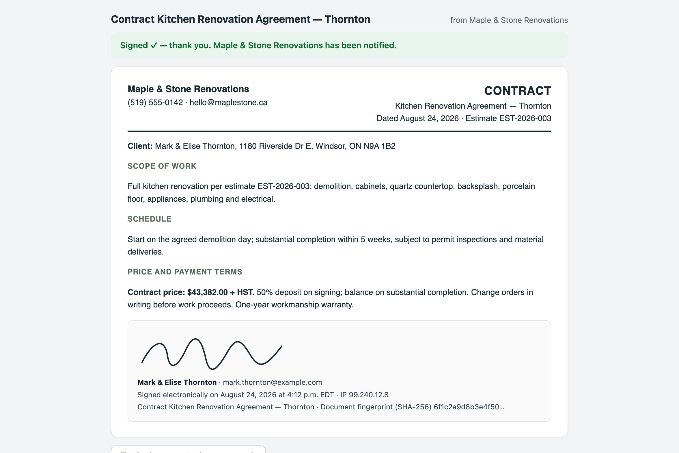 A signed contract as the client sees it after signing: the agreement text, a drawn signature, and the certificate line with the signer's name, time, IP address and document fingerprint