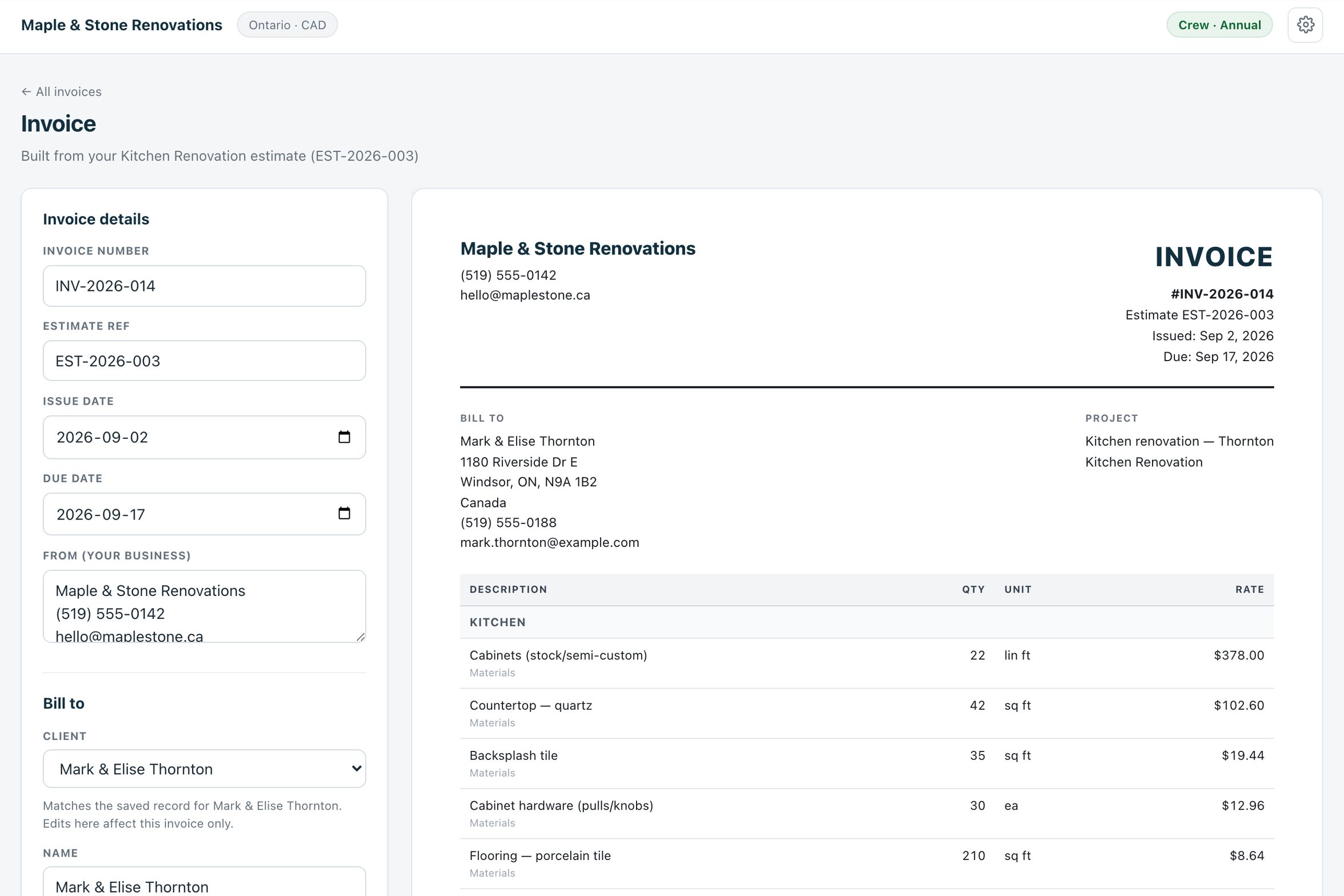 An Estiquik invoice built from a kitchen renovation estimate, with the line items, the client's details and the issue and due dates filled in