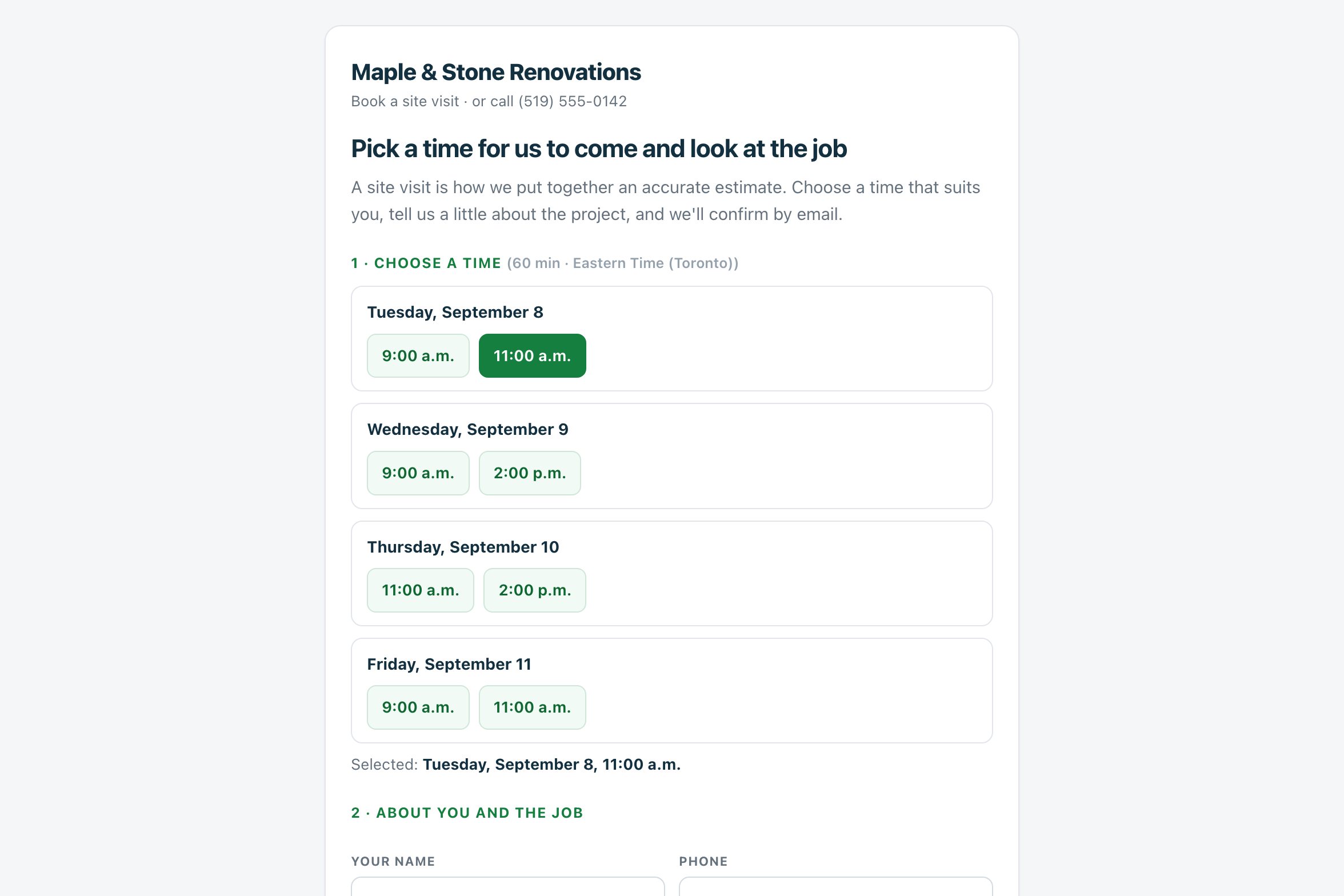 The public Estiquik booking page for a renovation company: a heading inviting the homeowner to pick a time for a site visit, four days of open one-hour times, and the start of the form for name, phone, email and address