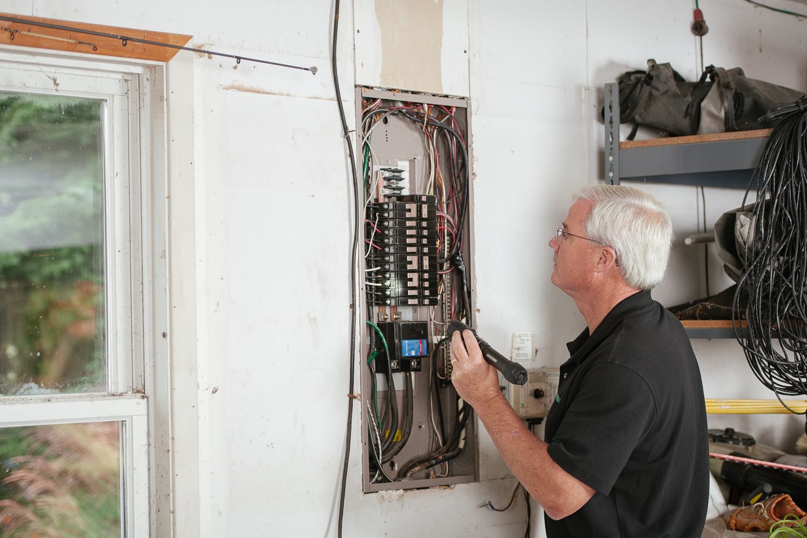 An electrician working at the panel in a house