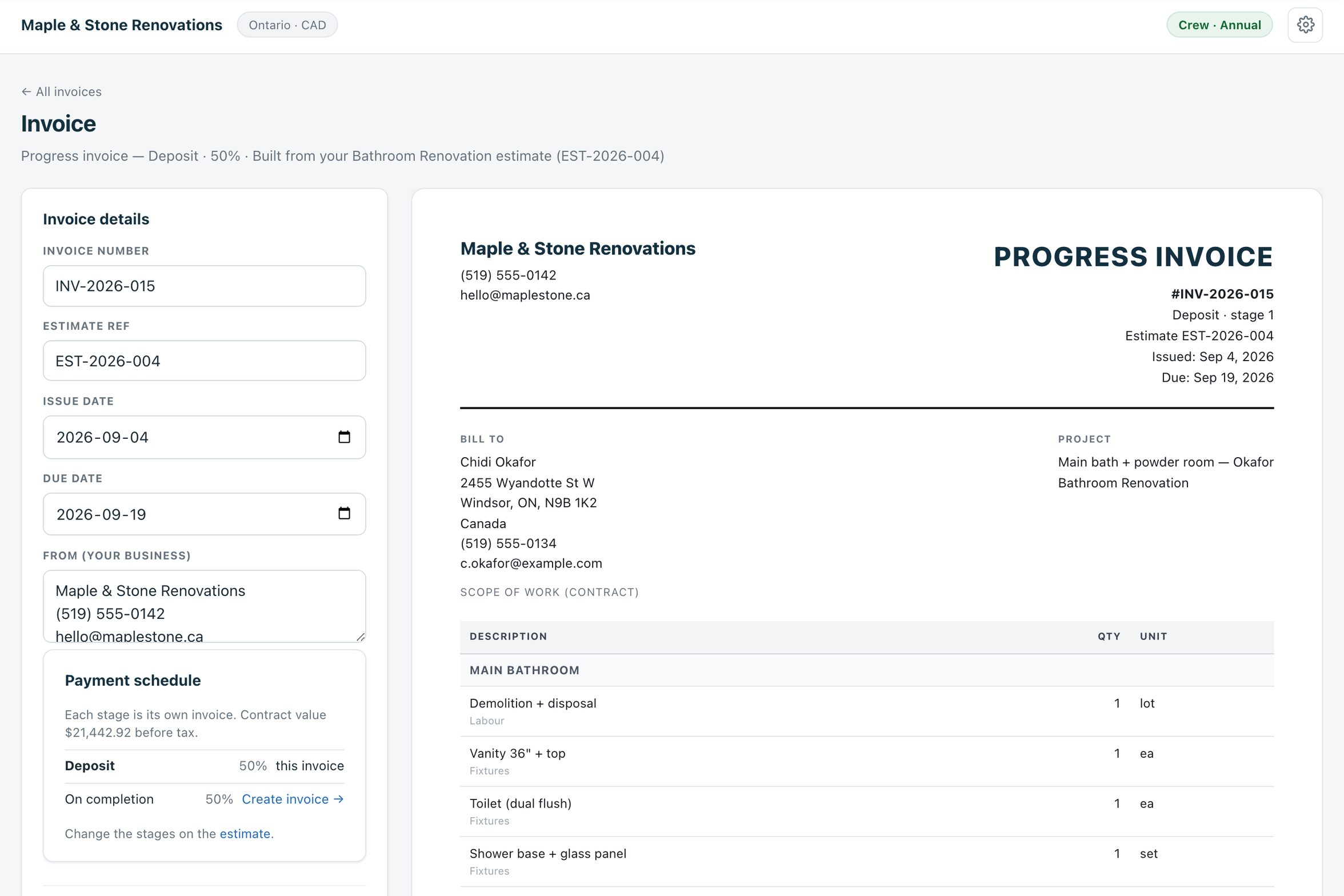 An Estiquik progress invoice for a 50% deposit, showing the payment schedule panel with the deposit stage being invoiced and the completion stage still to come