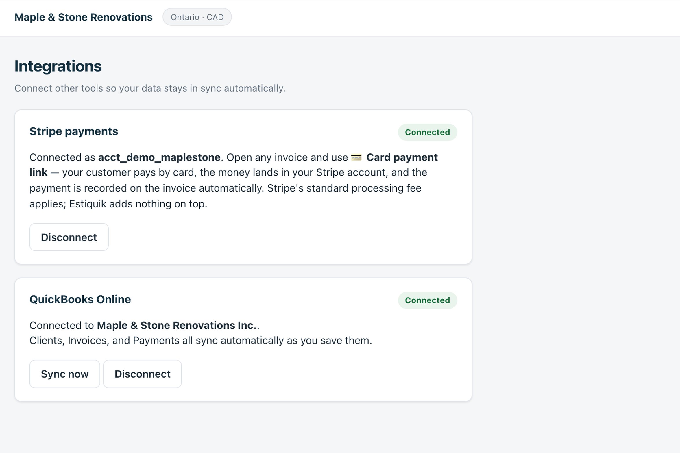 The Estiquik Integrations page with Stripe payments and QuickBooks Online both connected, showing the company name and a Sync now button