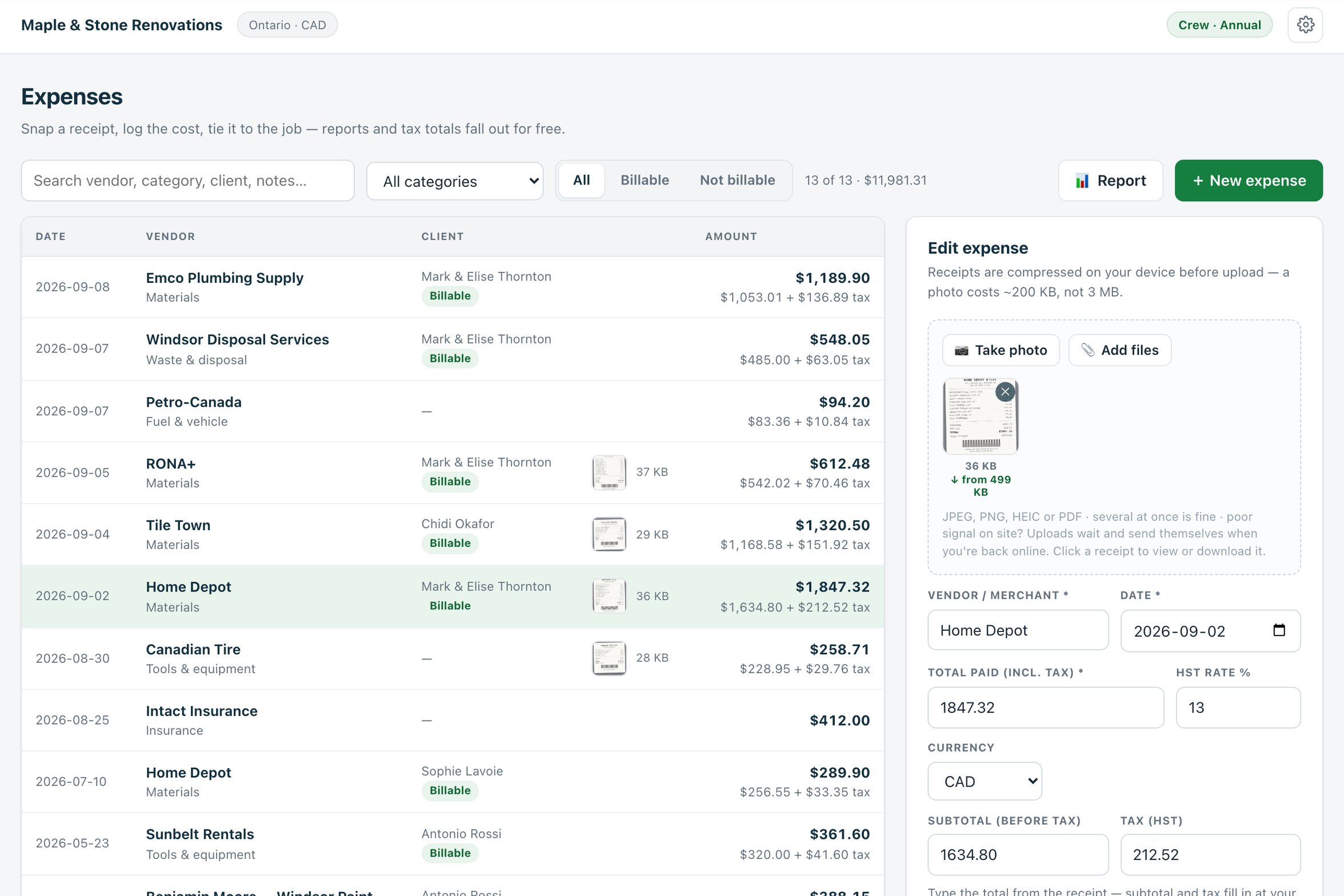 The Estiquik Expenses page: a list of job expenses with receipt thumbnails, subtotal and tax per line, and the edit panel with Take photo and Add files buttons, vendor, total, HST rate, category, payment method, client, estimate and the billable switch