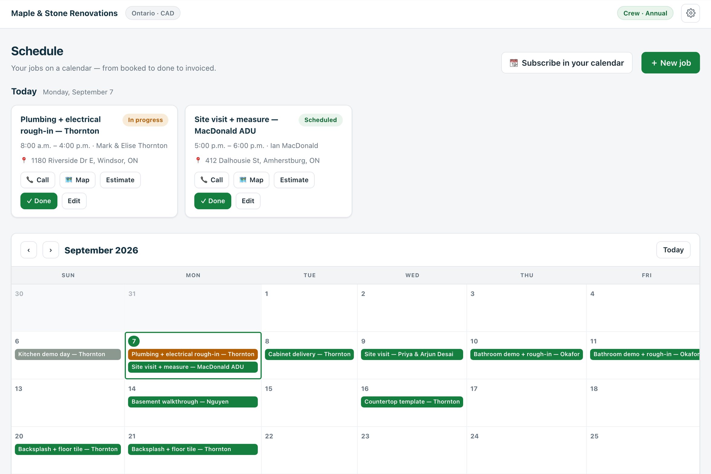 The Estiquik schedule: a Today panel with two jobs showing status, time, client, address and Call, Map, Estimate and Done buttons, above a September month calendar with jobs on their days