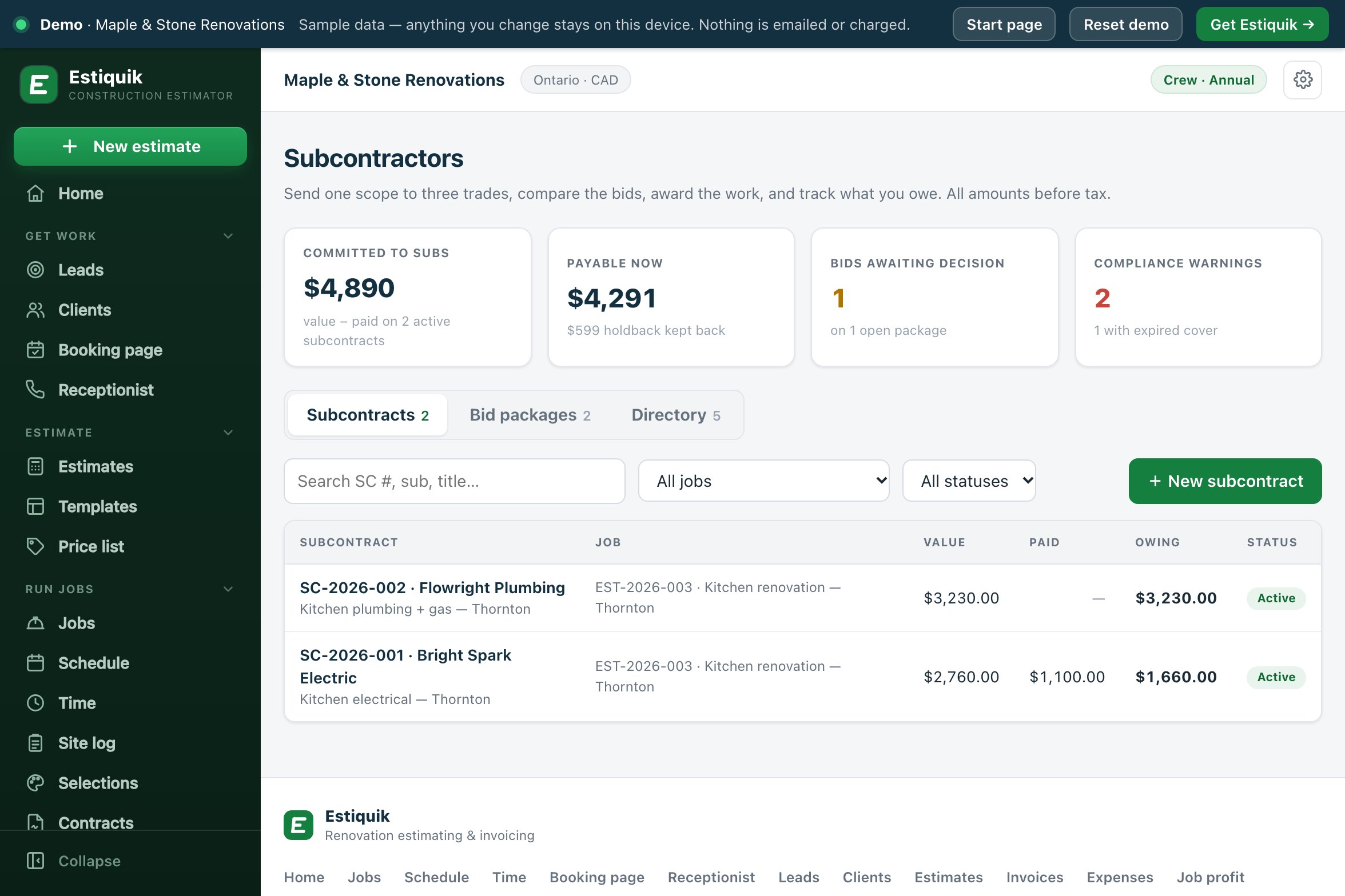 The Estiquik Subcontractors page: committed to subs, payable now with holdback kept back, bids awaiting a decision and compliance warnings, then the Thornton kitchen's plumbing and electrical subcontracts with value, paid and owing