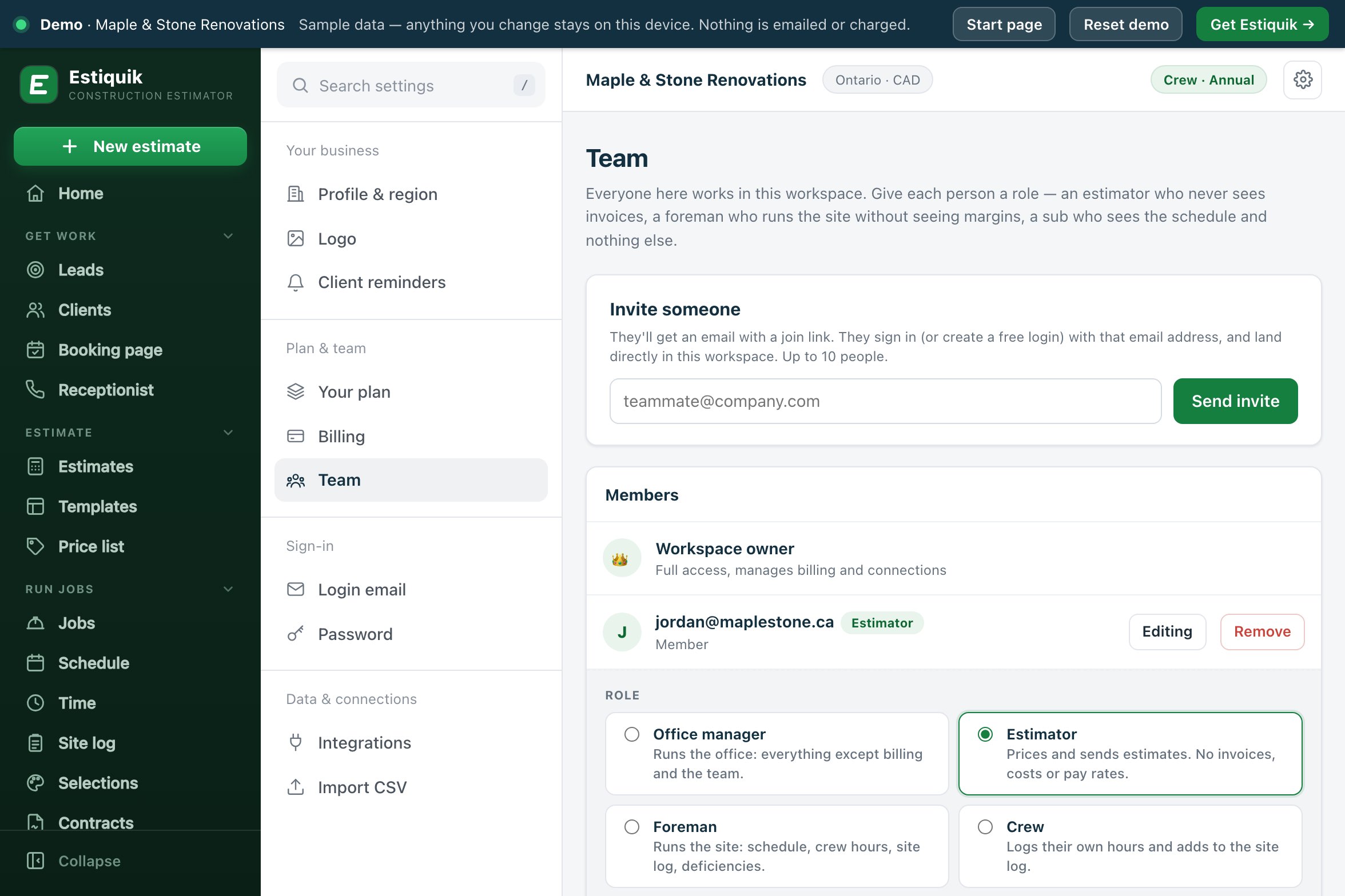 The Estiquik Team page: invite someone, the members with their roles, and the Access panel open on an estimator with the office manager, estimator, foreman and crew roles to choose from