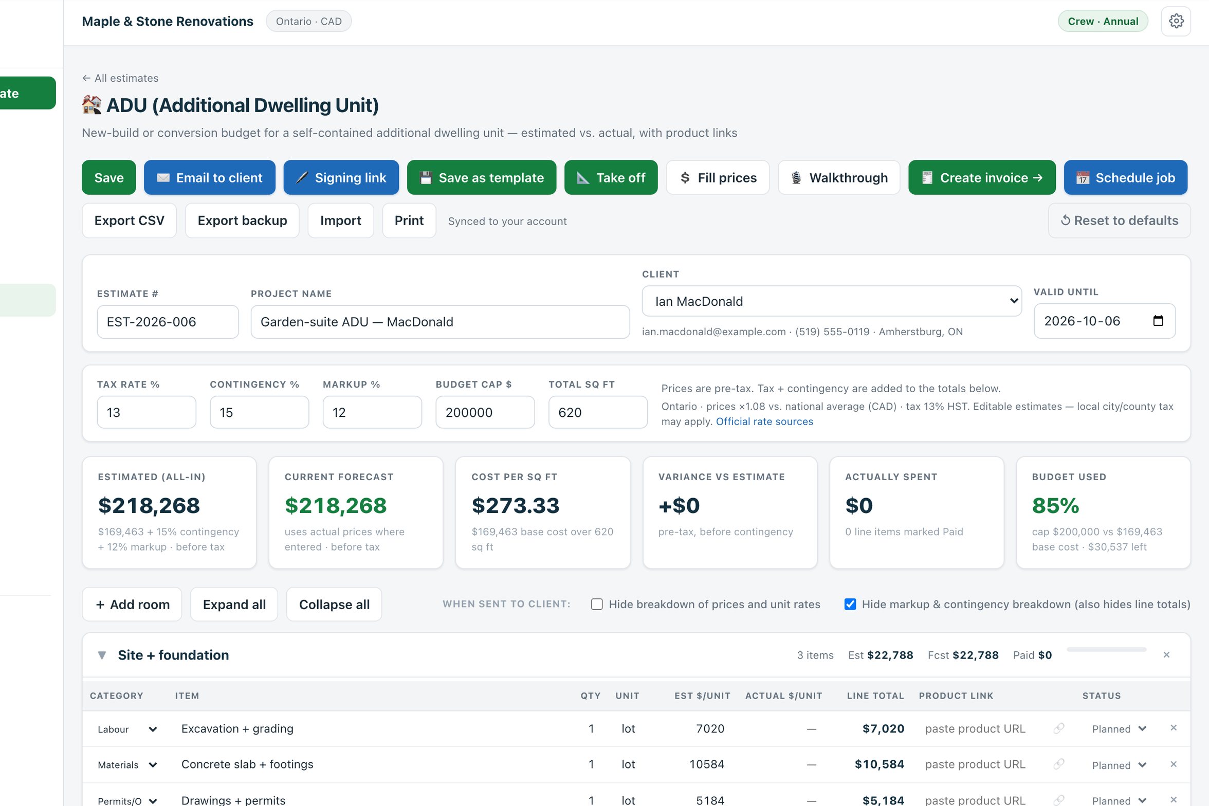 An Estiquik adu and garden suite estimate open in the app, with priced line items and the totals panel