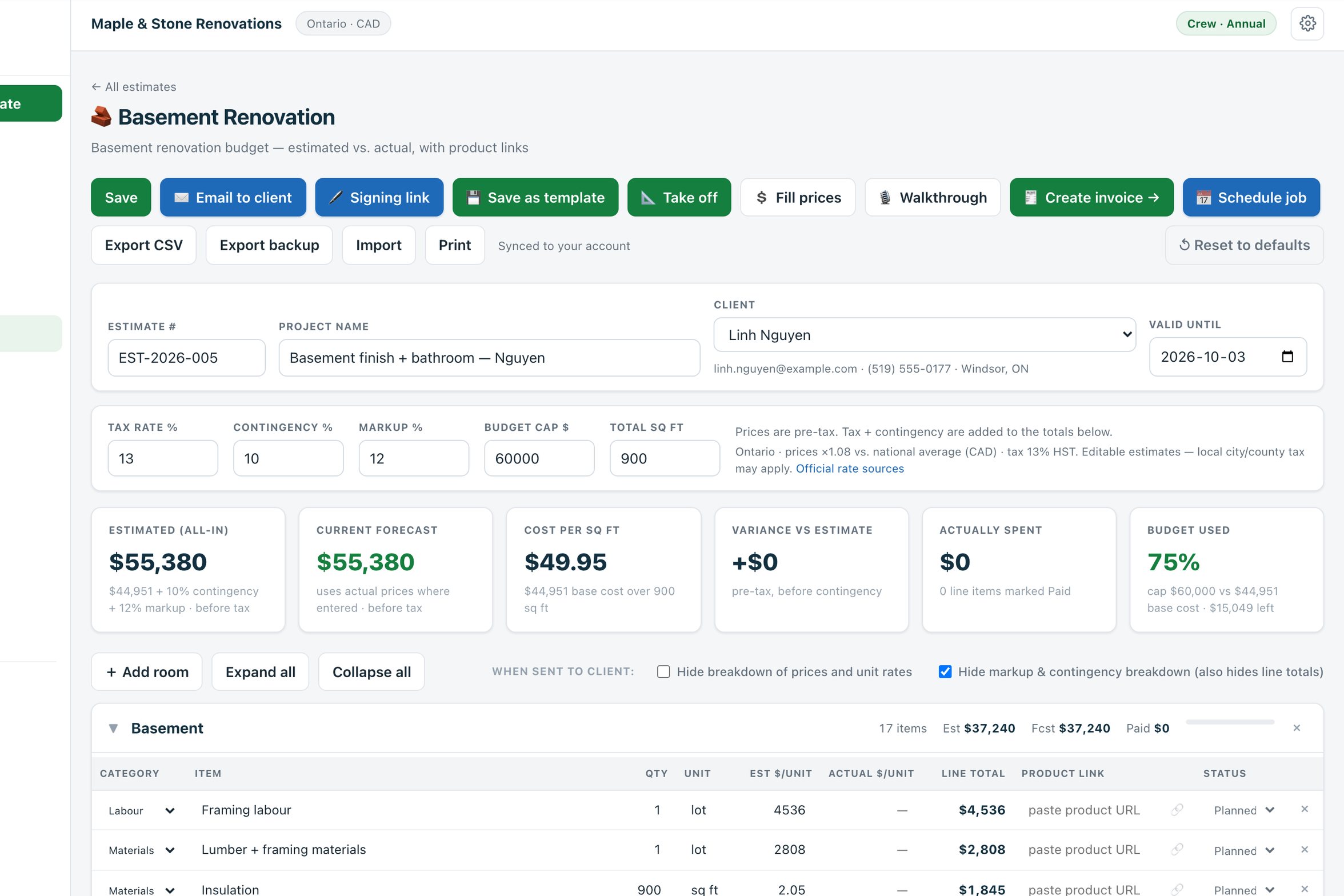 An Estiquik basement finishing estimate open in the app, with priced line items and the totals panel