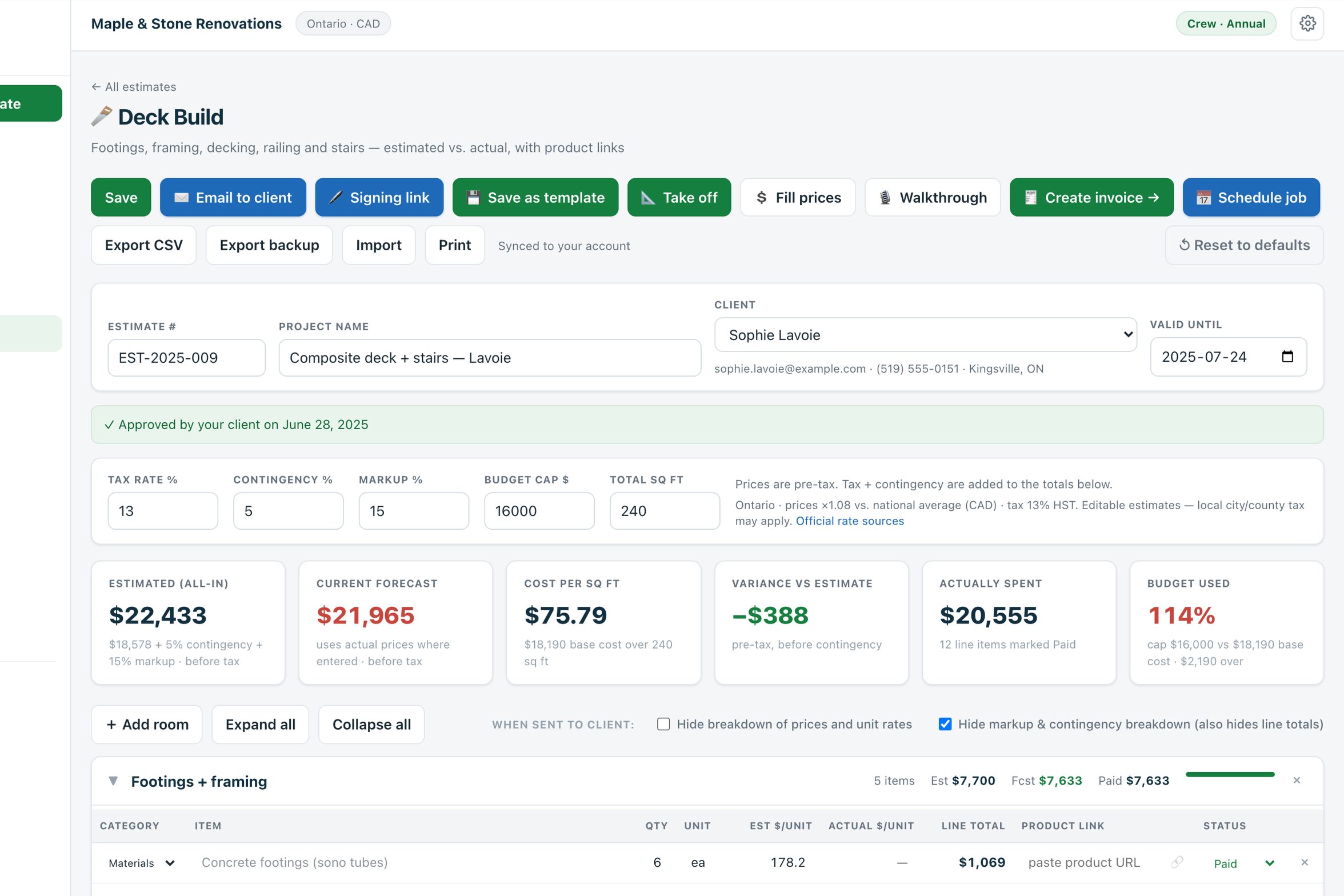 An Estiquik deck estimate open in the app, with priced line items and the totals panel