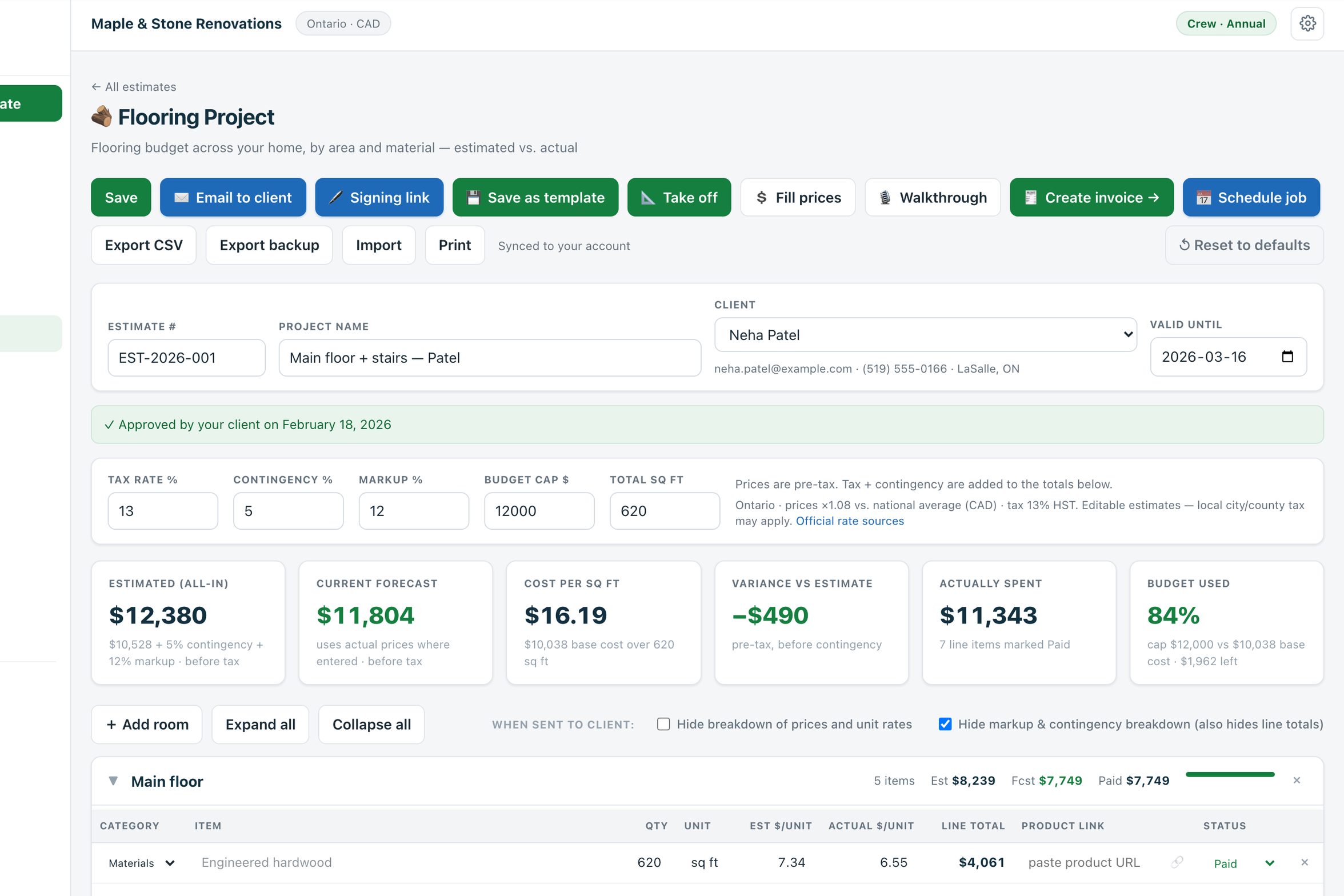 An Estiquik flooring estimate open in the app, with priced line items and the totals panel