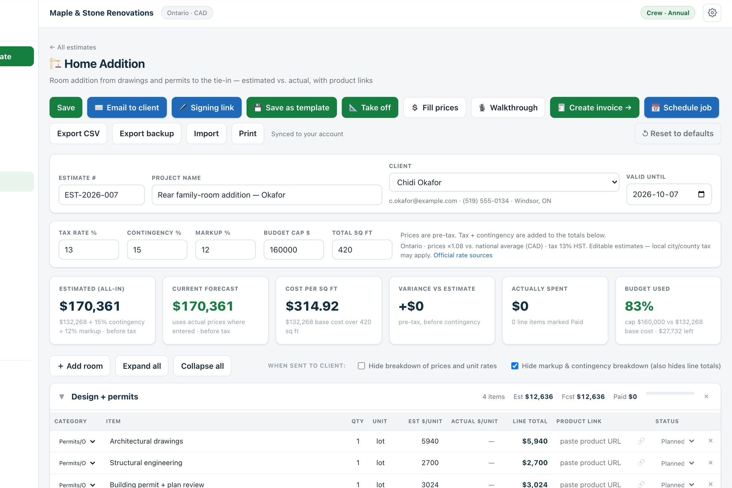 An Estiquik home addition estimate open in the app, with priced line items and the totals panel