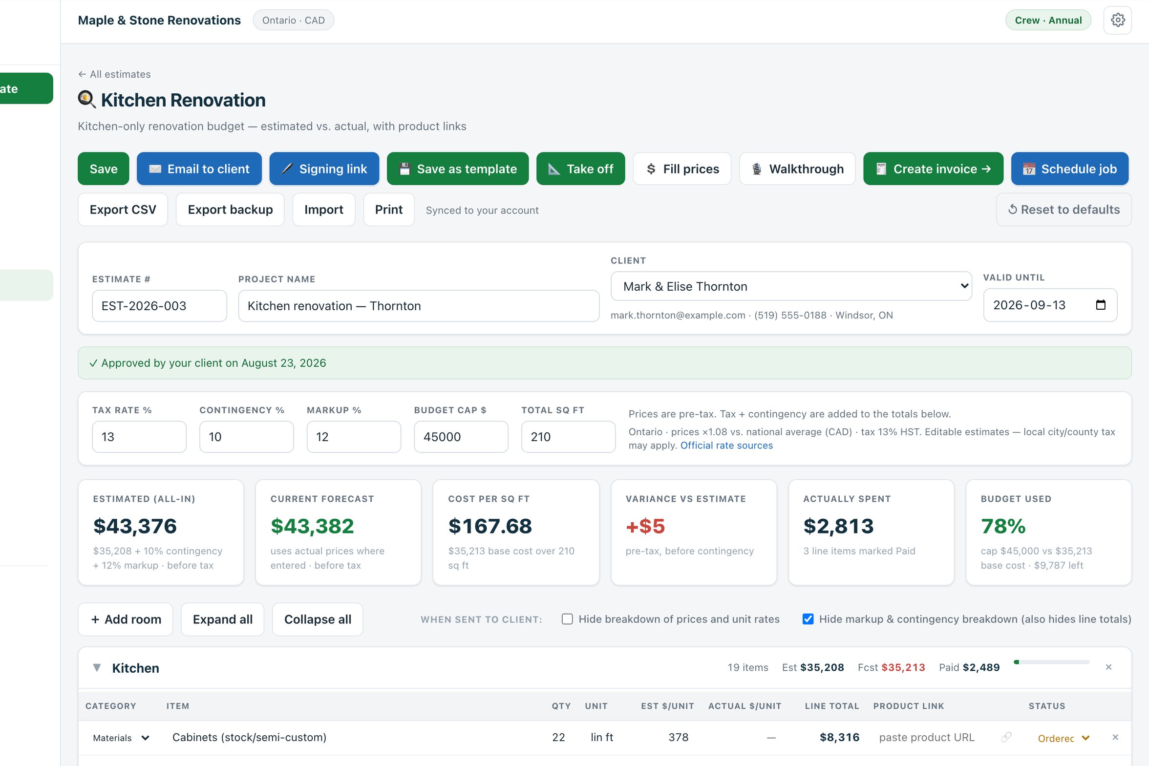 An Estiquik kitchen renovation estimate open in the app, with priced line items and the totals panel